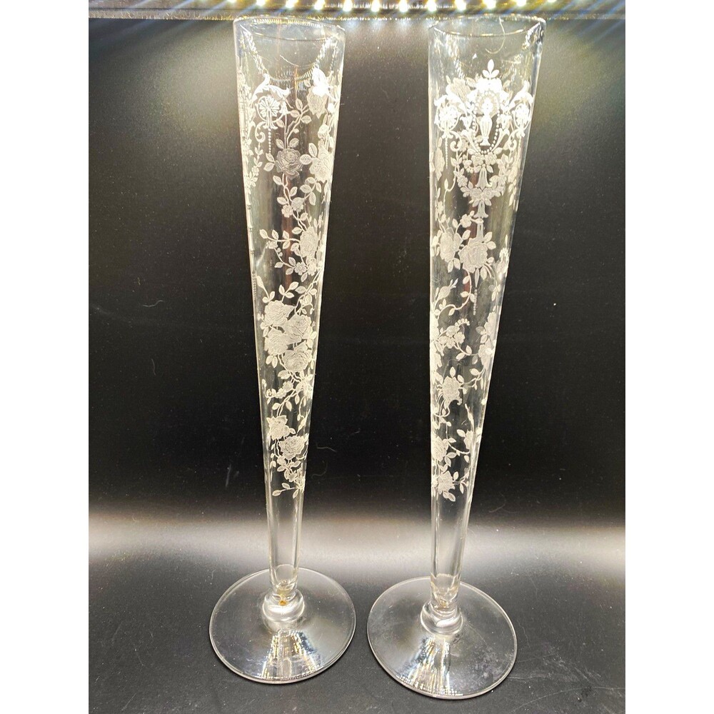 Vintage Cambridge Chantilly Etched Glass 10" Footed Bud Vases - Pair MINT